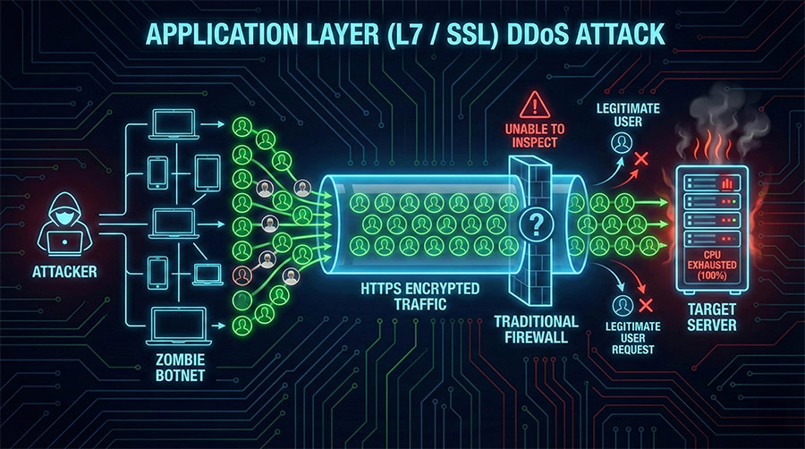 應用層 DDoS 攻擊示意圖：偽裝成正常流量