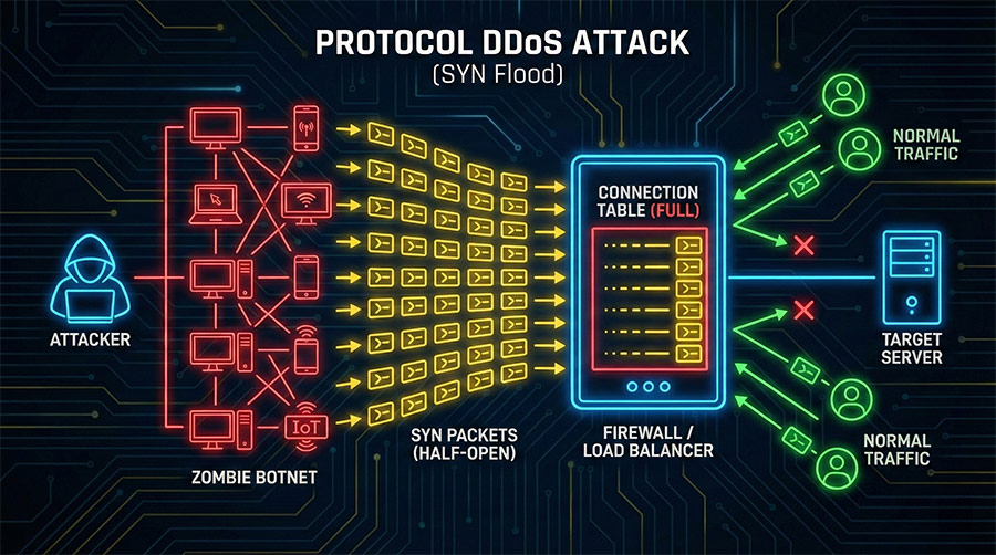 協定型 DDoS 攻擊示意圖：耗盡設備連線數