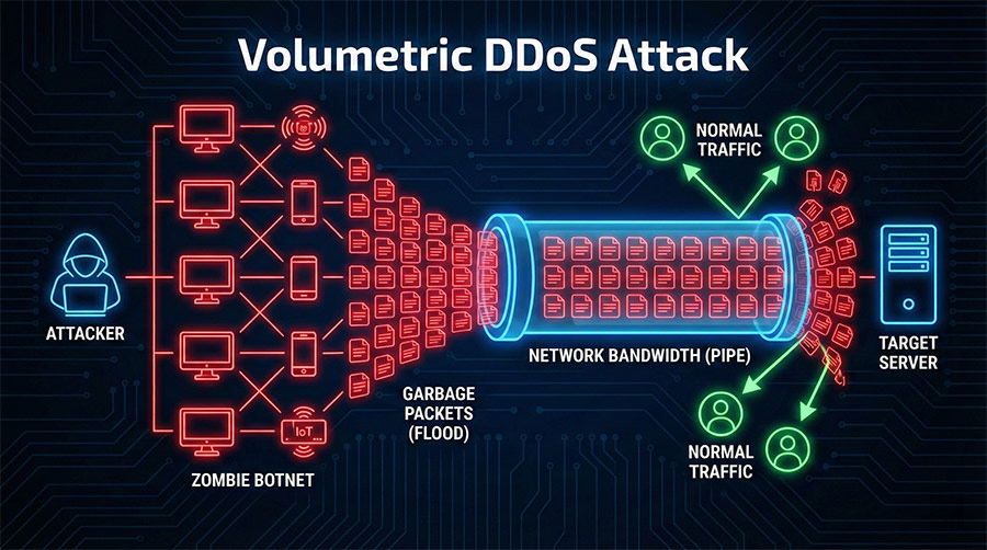 流量型 DDoS 攻擊示意圖：洪水般流量塞爆頻寬