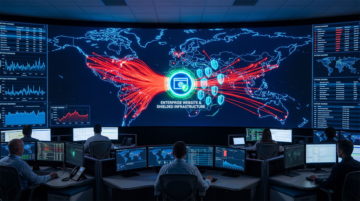 企業遭受 DDoS 攻擊防護示意圖，展現網站資安營運中心防護網