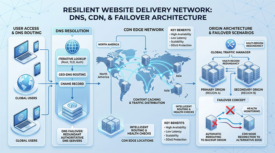 DNS 備援與 CDN 快取架構圖，確保網站流量分流與可用性