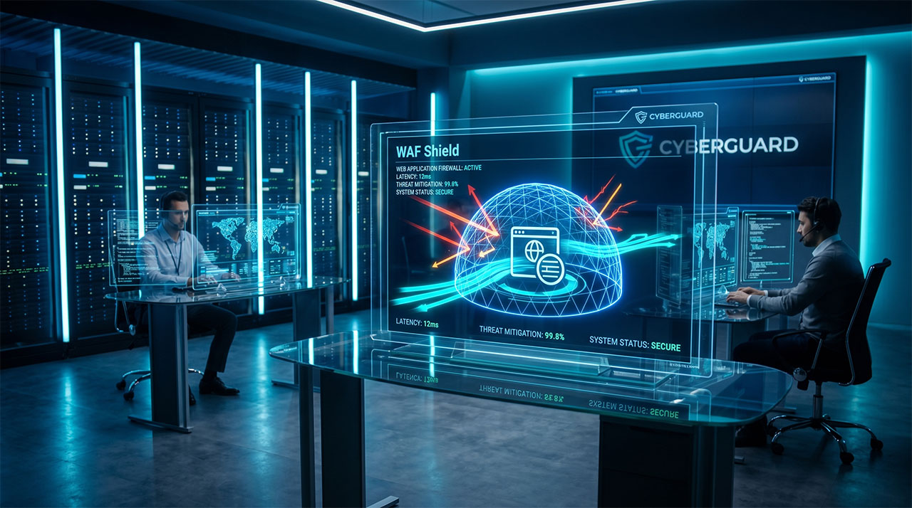 企業資安戰情室與 WAF 網站應用程式防火牆防護示意圖