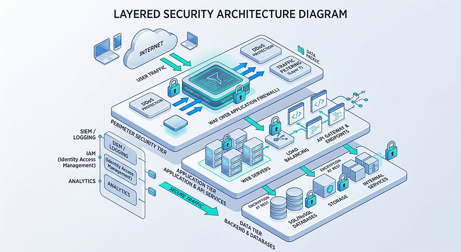 多層次網站安全防護架構圖：WAF 部署於網站伺服器與 API 前端的防禦機制