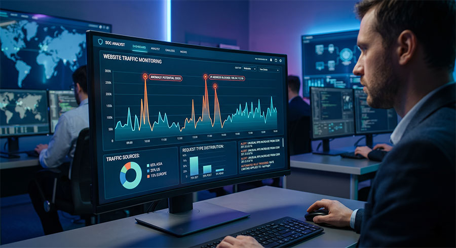 資安人員透過監控儀表板分析網站異常流量與惡意 Bot 攻擊數據