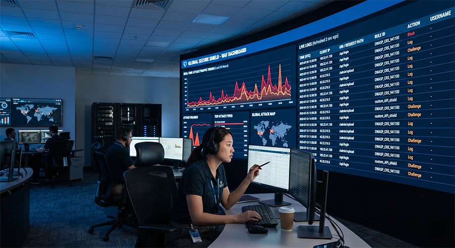 secops-engineer-analyzing-waf-security-logs 資安維運團隊透過管理後台檢視 WAF 詳細攻擊日誌欄位情境