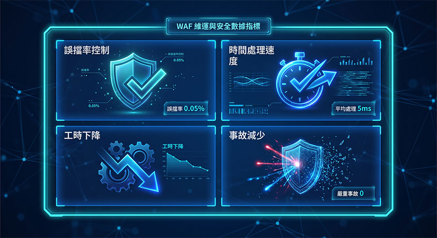 cyber-holographic-waf-metrics-infographic 半透明全息四象限資訊圖:WAF 四大維運與安全數據指標