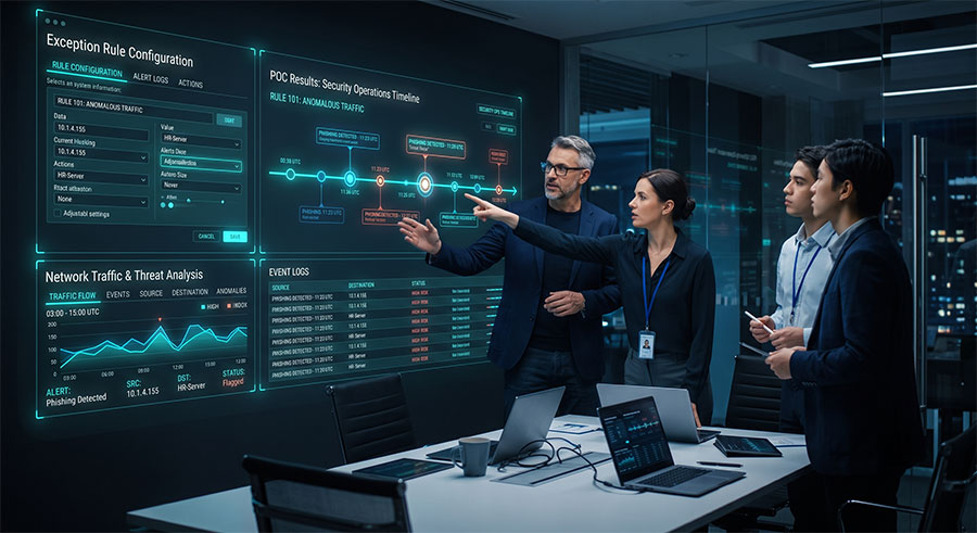 cyber-tech-waf-poc-monitoring 資安與營運團隊於 Dark Mode 全息投影牆前進行 WAF POC 數據分析與討論
