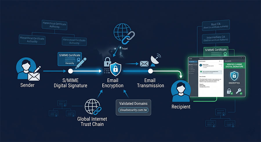 smime-signing-vs-encryption-workflow S/MIME 郵件數位簽章與內文加密的營運流程架構圖