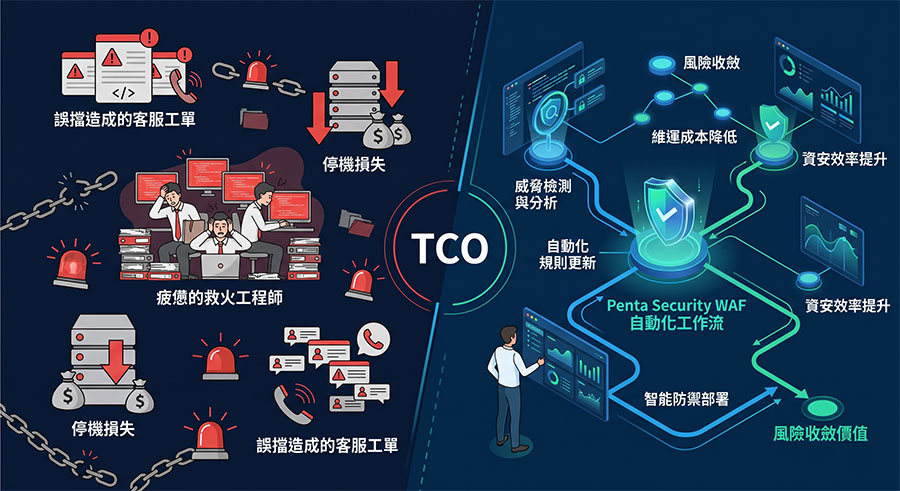 cybersecurity-waf-tco-infographic 網頁安全防火牆 WAF 導入隱藏成本與自動化風險收斂價值之 TCO 對比圖表