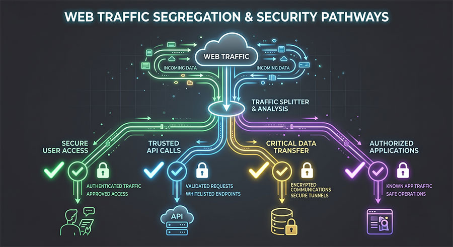 edge-traffic-segmentation-infographic 網站流量於邊緣端 WAF 進行分流防護與例外審批示意圖