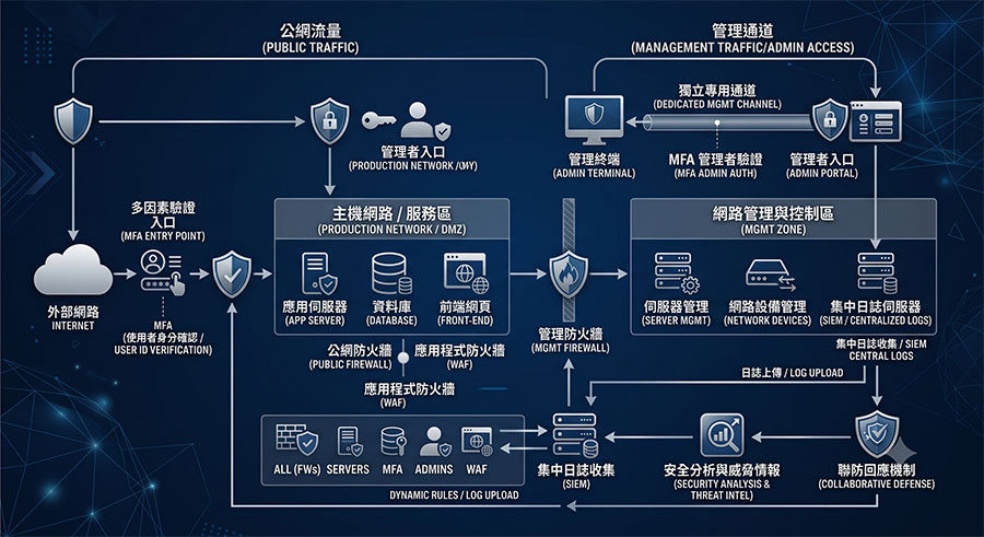 perimeter-management-isolation-architecture 邊界設備管理流量隔離與身分驗證聯防架構示意圖。