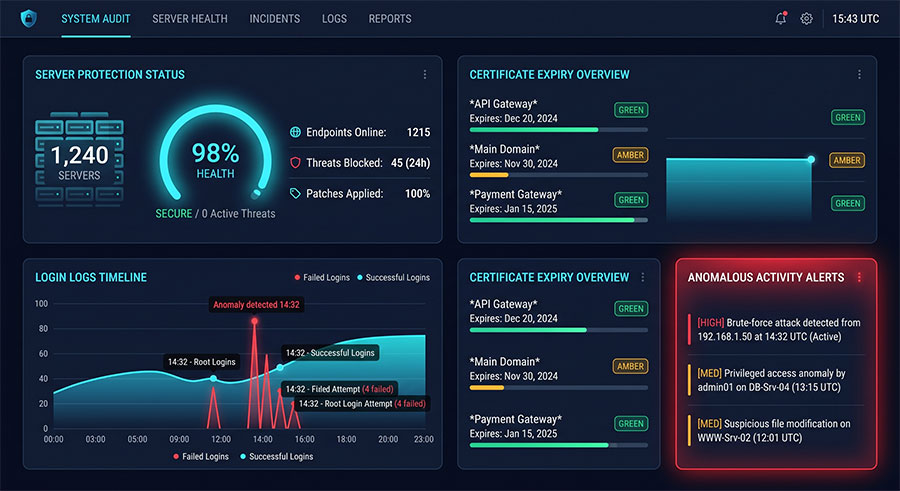 security-audit-log-dashboard 系統安全日誌稽核與異常登入監控儀表板示意圖