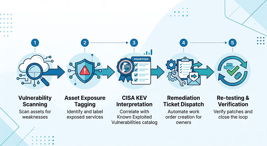 企業弱點治理流程圖：整合 CISA KEV、暴露面分派與複測驗證