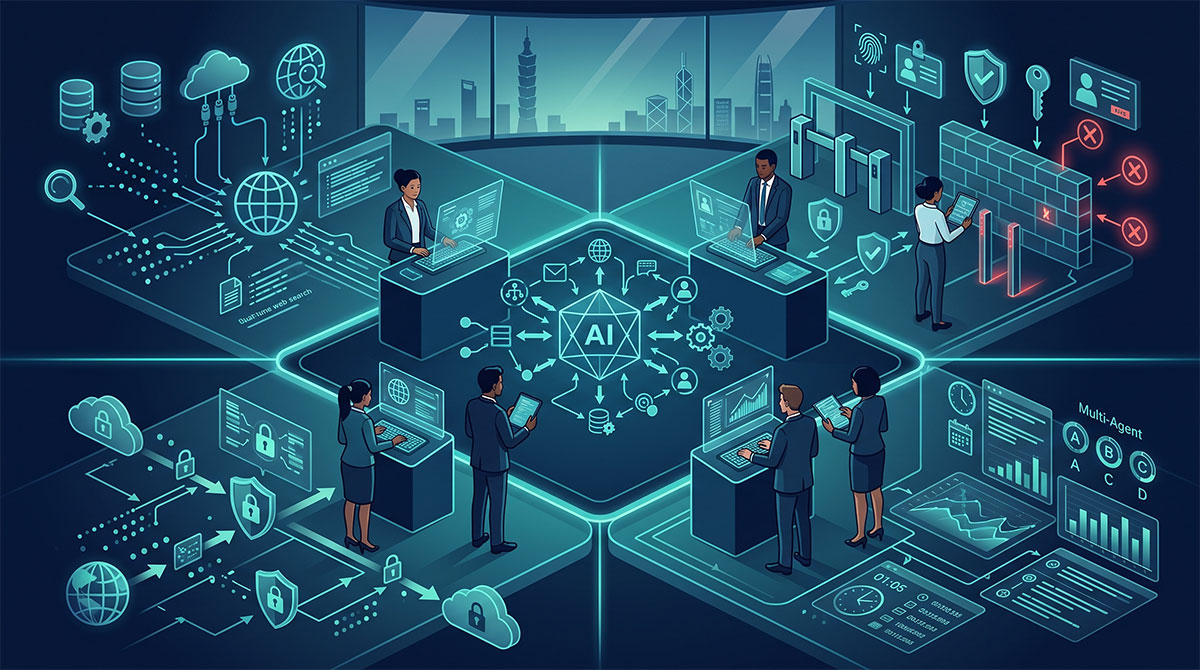 企業導入 AI Agent 與 Multi-Agent 的 4 個資安治理邊界示意圖