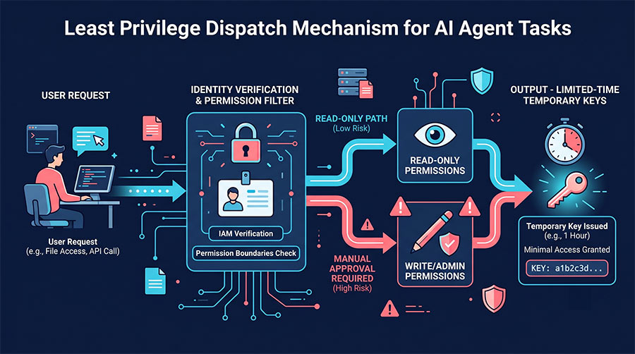 ai-agent-role-based-access-control AI Agent 任務最小權限分派與身分驗證流程示意圖