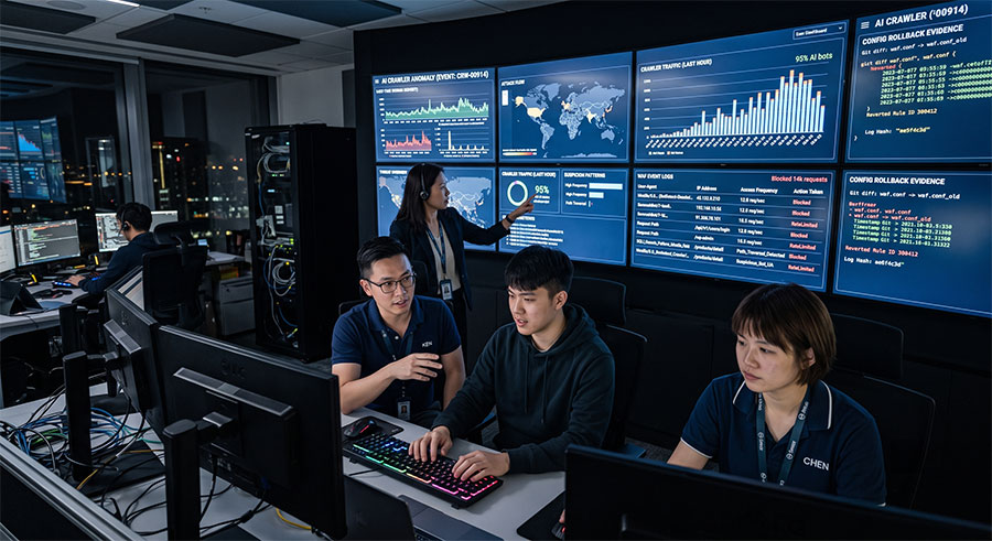 ai-traffic-audit-dashboard 資安營運團隊透過主控台檢視 AI 爬蟲存取路徑、IP 信譽與 WAF 觸發軌跡
