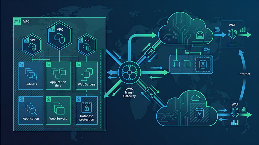 AWS 跨雲 VPC 與 Transit Gateway 網路分段及路由責任邊界示意圖