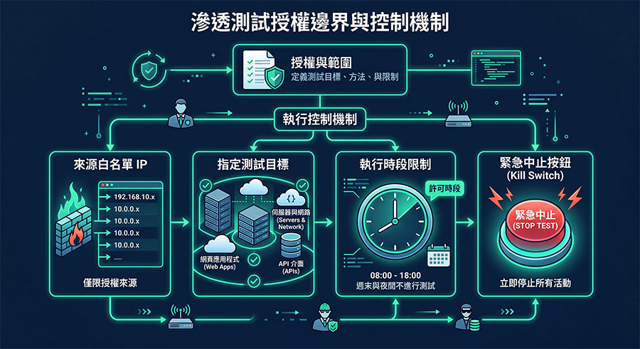 滲透測試 PTS 授權邊界與緊急停止機制示意圖