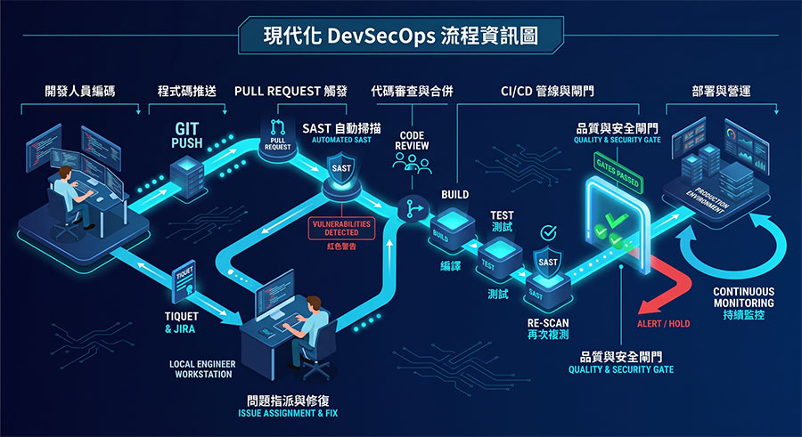 SAST 原始碼檢測整合版本控制與 CI/CD 部署管線流程圖