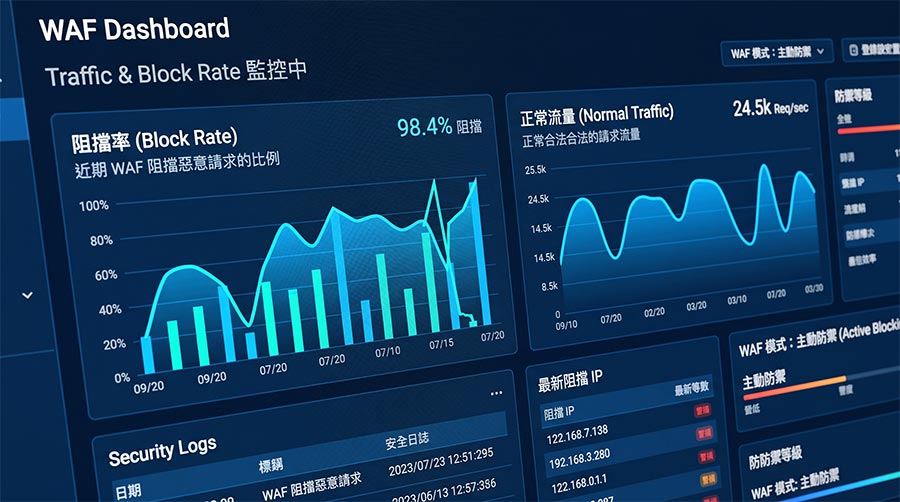 waf-security-dashboard-monitoring WAF 資安監控儀表板,即時辨識正常訪客與阻擋惡意攻擊流量。